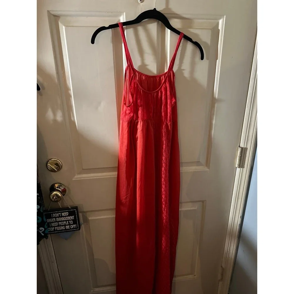 Vintage Med Undercover Wear Red Long Lace Silky Nylon Goddess Nightgown